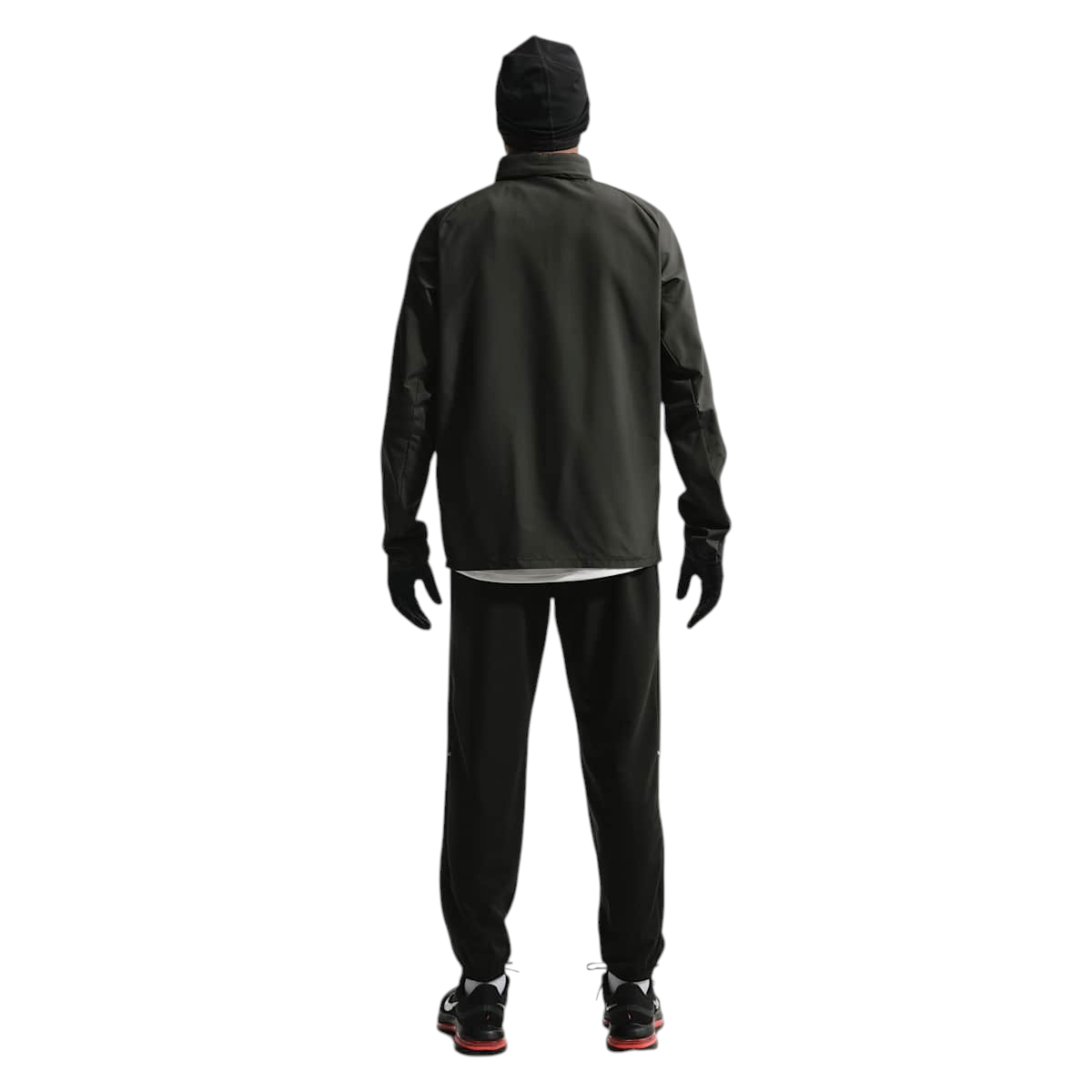 Sportskoen Nike Miler Repel UV hardloopjas voor heren in zwart, achterkant met reflecterende details en capuchon