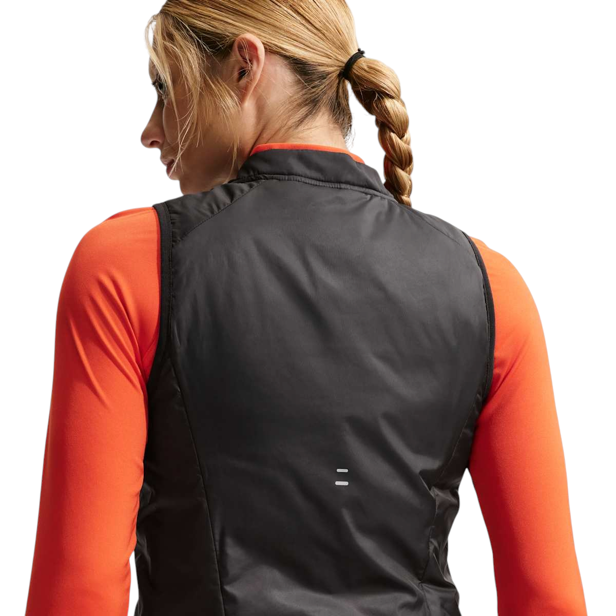 Sportskoen Nike Tempo Repel hardloopbodywarmer voor dames in zwart met reflecterende details, gezien vanaf de rug.