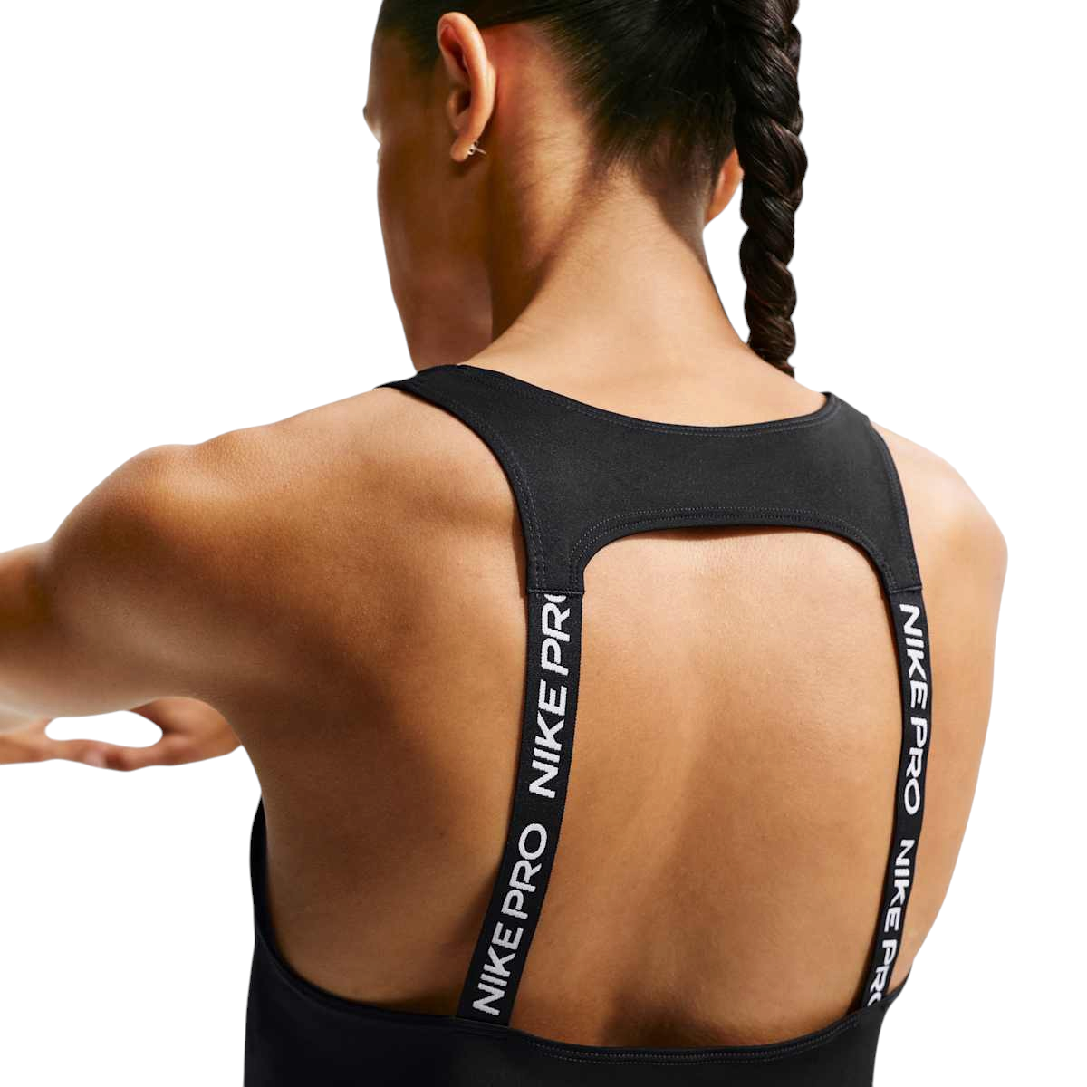 Sportskoen Nike Pro Dri-FIT dames tanktop in zwart met open rug en bedrukte schouderbanden voor ventilatie